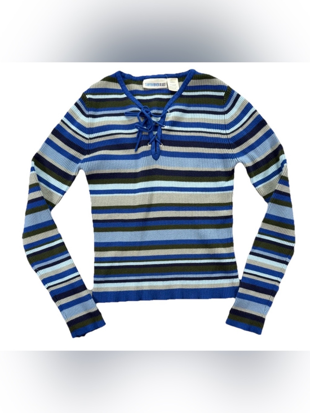 Vintage Y2K Canyon River Blues Lace Up Striped Sweater Women's Small Blue Ribbed